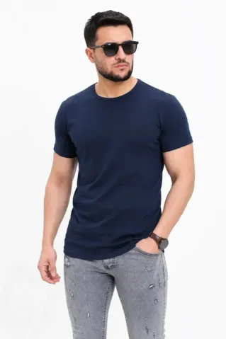 Erkek Basic Tişört Bisiklet Yaka Kısa Kol Günlük Yazlık Slim Fit T-Shirt - Lacivert - XL - Lacivert