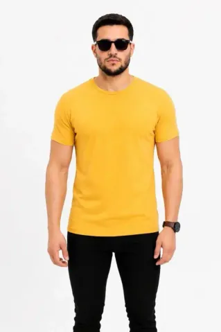 Erkek Basic Tişört Bisiklet Yaka Kısa Kol Günlük Yazlık Slim Fit T-Shirt - Sarı - L - Sarı