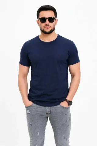 Erkek Basic Tişört Bisiklet Yaka Kısa Kol Günlük Yazlık Slim Fit T-Shirt - Lacivert - L - Lacivert