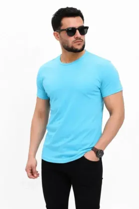 Erkek Basic Tişört Bisiklet Yaka Kısa Kol Günlük Yazlık Slim Fit T-Shirt - Açık Mavi - L - Açık Mavi