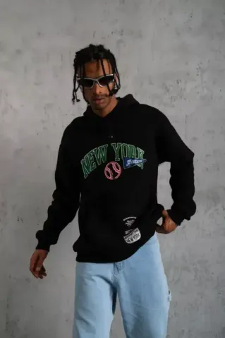 Erkek Baskılı Kapüşonlu Sweatshirt - Siyah - S - Siyah
