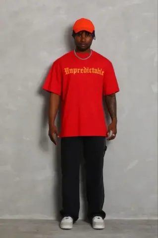 Erkek Baskılı T-Shirt Kısa Kol Bisiklet Yaka Regular Fit Rahat Kalıp Günlük Tişört - Kırmızı - 2XL - Kırmızı