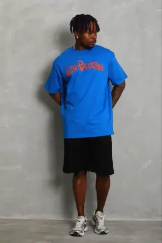 Erkek Baskılı T-Shirt Kısa Kol Bisiklet Yaka Regular Fit Rahat Kalıp Günlük Tişört - Saks Mavisi - XL - Saks Mavisi