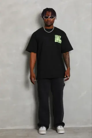 Erkek Baskılı T-Shirt Kısa Kol Bisiklet Yaka Regular Fit Rahat Kalıp Günlük Tişört - Siyah - XS - Siyah