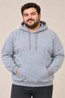 Erkek Battal Büyük Beden Üç İplik İçi Şardonlu Kapüşonlu Kanguru Cepli Kışlık Sweatshirt - Gri - 6XL - Gri