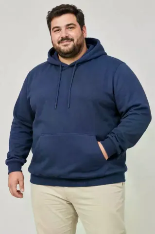 Erkek Battal Büyük Beden Üç İplik İçi Şardonlu Kapüşonlu Kanguru Cepli Kışlık Sweatshirt - Lacivert - 2XL - Lacivert