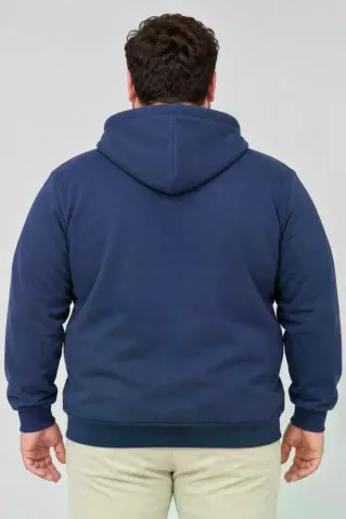 Erkek Battal Büyük Beden Üç İplik İçi Şardonlu Kapüşonlu Kanguru Cepli Kışlık Sweatshirt - Lacivert - 2XL - Lacivert