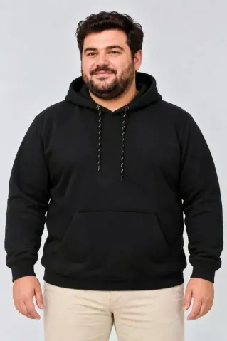 Erkek Battal Büyük Beden Üç İplik İçi Şardonlu Kapüşonlu Kanguru Cepli Kışlık Sweatshirt - Siyah - 4XL - Siyah
