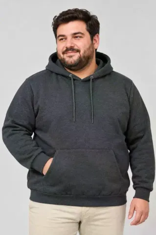 Erkek Battal Büyük Beden Üç İplik İçi Şardonlu Kapüşonlu Kanguru Cepli Kışlık Sweatshirt - Füme - 4XL - Füme