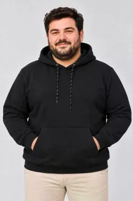 Erkek Battal Büyük Beden Üç İplik İçi Şardonlu Kapüşonlu Kanguru Cepli Kışlık Sweatshirt - Siyah - 6XL - Siyah