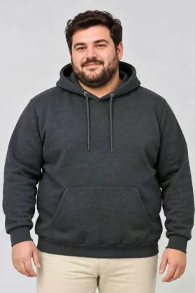 Erkek Battal Büyük Beden Üç İplik İçi Şardonlu Kapüşonlu Kanguru Cepli Kışlık Sweatshirt - Füme - 2XL - Füme