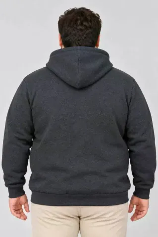 Erkek Battal Büyük Beden Üç İplik İçi Şardonlu Kapüşonlu Kanguru Cepli Kışlık Sweatshirt - Füme - 2XL - Füme