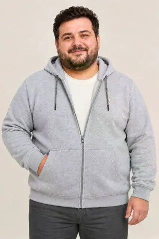 Erkek Battal Büyük Beden Üç İplik İçi Şardonlu Kapüşonlu Tam Fermuarlı Kışlık Sweatshirt - Gri - 6XL - Gri