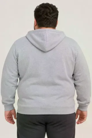 Erkek Battal Büyük Beden Üç İplik İçi Şardonlu Kapüşonlu Tam Fermuarlı Kışlık Sweatshirt - Gri - 6XL - Gri