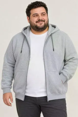 Erkek Battal Büyük Beden Üç İplik İçi Şardonlu Kapüşonlu Tam Fermuarlı Kışlık Sweatshirt - Gri - 4XL - Gri