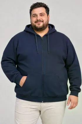Erkek Battal Büyük Beden Üç İplik İçi Şardonlu Kapüşonlu Tam Fermuarlı Kışlık Sweatshirt - Lacivert - 4XL - Lacivert