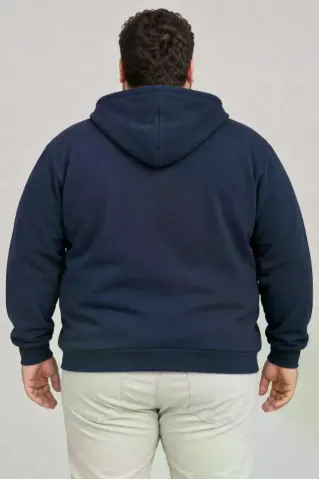 Erkek Battal Büyük Beden Üç İplik İçi Şardonlu Kapüşonlu Tam Fermuarlı Kışlık Sweatshirt - Lacivert - 4XL - Lacivert