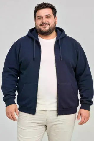 Erkek Battal Büyük Beden Üç İplik İçi Şardonlu Kapüşonlu Tam Fermuarlı Kışlık Sweatshirt - Lacivert - 6XL - Lacivert