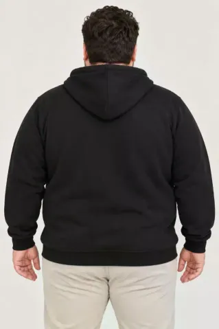 Erkek Battal Büyük Beden Üç İplik İçi Şardonlu Kapüşonlu Tam Fermuarlı Kışlık Sweatshirt - Siyah - 4XL - Siyah