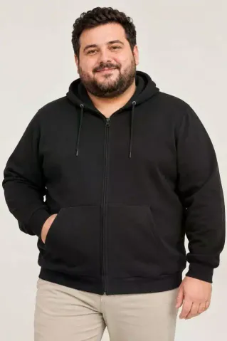 Erkek Battal Büyük Beden Üç İplik İçi Şardonlu Kapüşonlu Tam Fermuarlı Kışlık Sweatshirt - Siyah - 6XL - Siyah