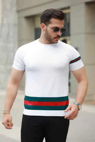 Erkek Bisiklet Yaka Bel Ve Kol şerit Desenli Kısa Kollu Tişört - 3XL - Beyaz