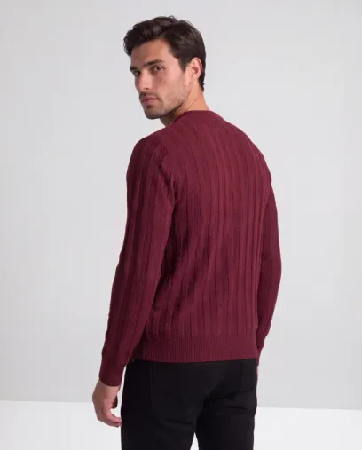 Erkek Bisiklet Yaka çizgi Desenli Triko - XL - Bordo