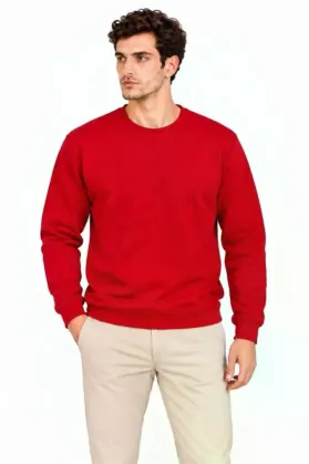 Erkek Bisiklet Yaka İçi Şardonlu 2 İplik Düz Uzun Kollu Regular Fit Sweatshirt - Kırmızı - M - Kırmızı