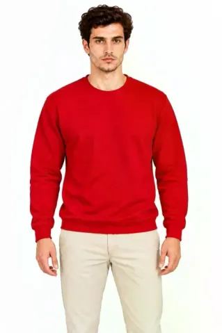 Erkek Bisiklet Yaka İçi Şardonlu 2 İplik Düz Uzun Kollu Regular Fit Sweatshirt - Kırmızı - M - Kırmızı