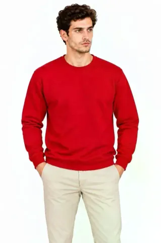 Erkek Bisiklet Yaka İçi Şardonlu 2 İplik Düz Uzun Kollu Regular Fit Sweatshirt - Kırmızı - M - Kırmızı