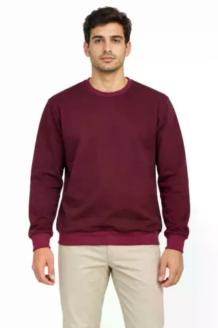 Erkek Bisiklet Yaka İçi Şardonlu 2 İplik Düz Uzun Kollu Regular Fit Sweatshirt -Bordo - XL - Bordo