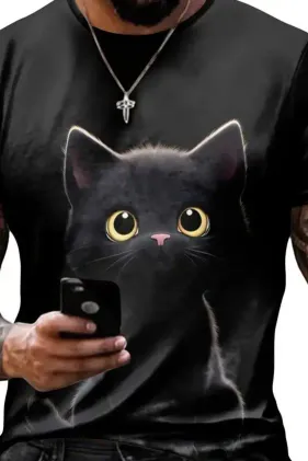 Erkek Bisiklet Yaka Kedi Baskılı Süprem T-shirt - L-XL - Siyah