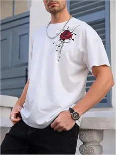 Erkek Bisiklet Yaka Kısa Kol Baskılı T-shirt - Beyaz - S - Siyah