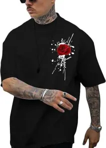 Erkek Bisiklet Yaka Kısa Kol Baskılı T-shirt - Siyah - L - Siyah