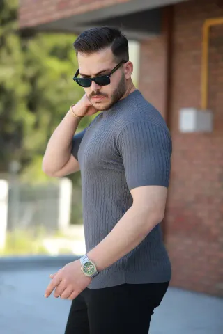 Erkek Bisiklet Yaka örgü Desenli Kısa örme Triko Kısa Kollu T-shirt - L - Füme