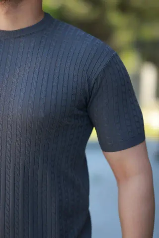 Erkek Bisiklet Yaka örgü Desenli Kısa örme Triko Kısa Kollu T-shirt - L - Füme