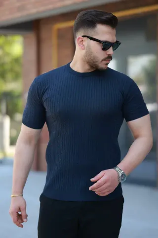Erkek Bisiklet Yaka örgü Desenli Kısa örme Triko Kısa Kollu T-shirt - L - Lacivert