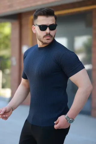 Erkek Bisiklet Yaka örgü Desenli Kısa örme Triko Kısa Kollu T-shirt - L - Lacivert