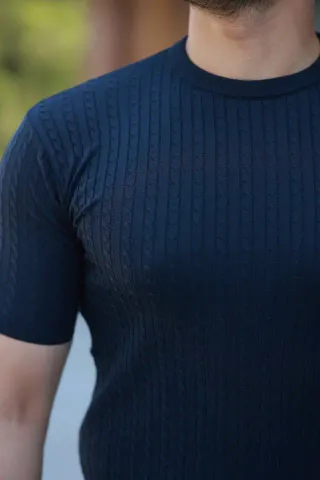 Erkek Bisiklet Yaka örgü Desenli Kısa örme Triko Kısa Kollu T-shirt - L - Lacivert