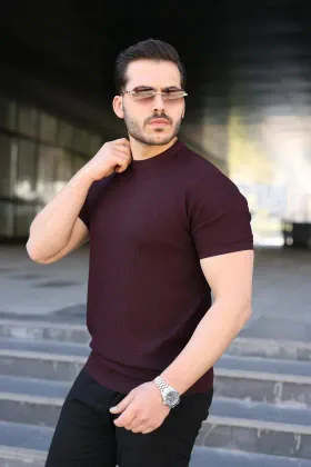 Erkek Bisiklet Yaka Petek Dokulu Kısa Kollu Triko Tişört - 2XL - Mürdüm