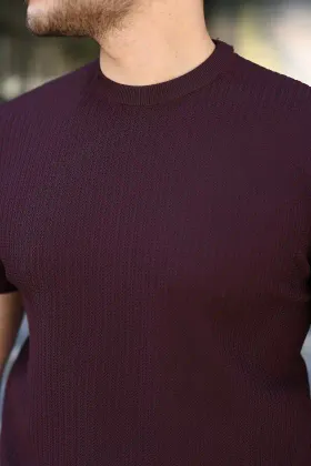 Erkek Bisiklet Yaka Petek Dokulu Kısa Kollu Triko Tişört - 2XL - Mürdüm