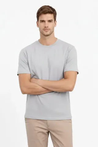 Erkek Bisiklet Yaka Tişört Regular Kalıp Basic Pamuklu Günlük Kullanım T-shirt - Gri - S - Gri