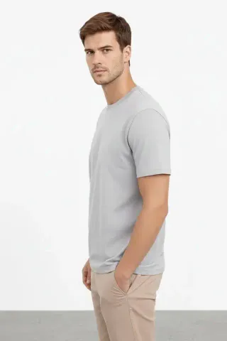Erkek Bisiklet Yaka Tişört Regular Kalıp Basic Pamuklu Günlük Kullanım T-shirt - Gri - S - Gri
