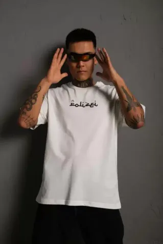 Erkek Bisiklet Yakalı Sırt Baskılı Oversize T-Shirt - Beyaz - S - Beyaz