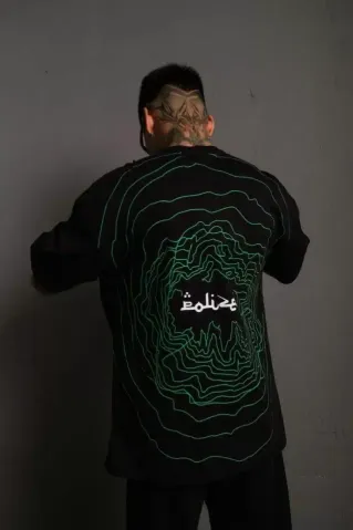 Erkek Bisiklet Yakalı Sırt Baskılı Oversize T-Shirt - Siyah - S - Siyah