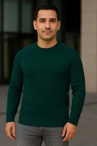 Erkek Bisiklet Yuvarlak Yaka Triko Kazak Pamuklu Kalın Fitilli Dokuma, Regular Fit Uzun Kollu Kışlık Model - Haki - S - Haki
