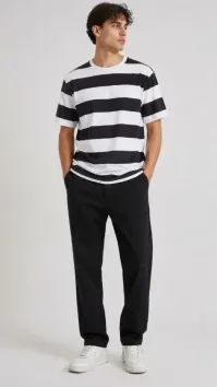 Erkek Çizgili Oversize Tişört Bisiklet Yaka Kısa Kol Yazlık T-Shirt - Siyah - XL - Siyah