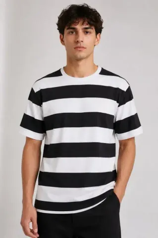 Erkek Çizgili Oversize Tişört Bisiklet Yaka Kısa Kol Yazlık T-Shirt - Siyah - XL - Siyah