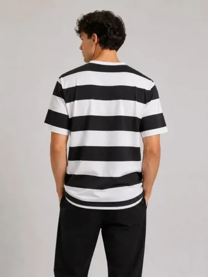 Erkek Çizgili Oversize Tişört Bisiklet Yaka Kısa Kol Yazlık T-Shirt - Siyah - M - Siyah