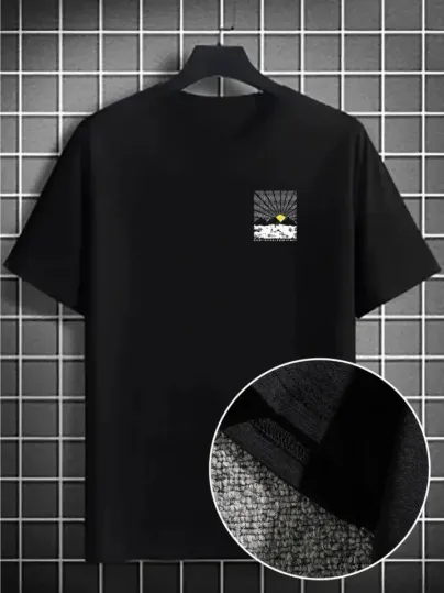 Erkek Dağ Grafikli Tişört, Yaz Için Büyük Beden Rahat T-shirt - Siyah - M - Siyah