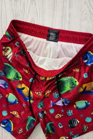 Erkek Deniz Temalı Balık Desenli Deniz Şortu Fermuarlı Cepli File Astarlı - Bordo - 2XL - Bordo